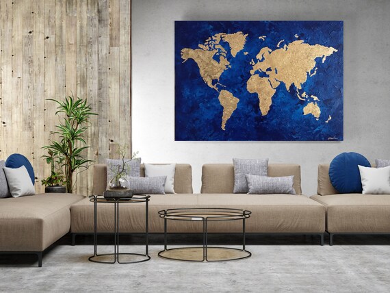 Bladgoud schilderij kaart canvas marineblauw goud | Etsy