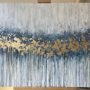 Blue Indigo Gold Leaf painting, Gold Abstract art, Modern Abstract Painting, Blue Gold White Texture art Large Acrylic art on canvas