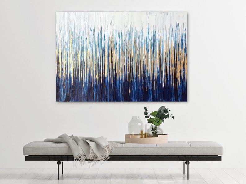 Extra Large Blue Gold Leaf Abstract Art Original Acrylic Etsy