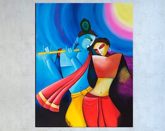 Krishna Painting, Asian decor, Indian Contemporary, Radha Krishna art, Hindu God, India canvas painting, Indian wall art, Indian wall decor