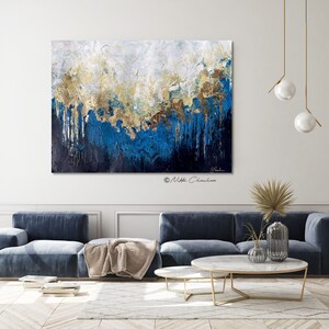 Blue Large Abstract Art Canvas Painting Navy Blue Gold Leaf Abstract ...