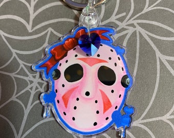 Cute Pink Jason Voorhees Keychain Acrylic Charm, Friday the 13th, Kawaii, Charm, Camp Crystal Lake