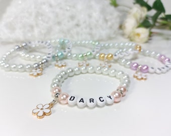Flower Personalised Bracelet, Wedding gift for a Flower Girl, Bridesmaid