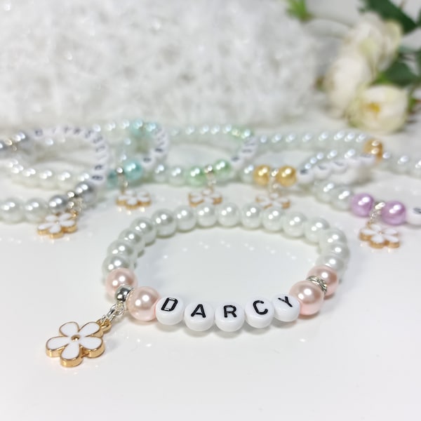 Flower Personalised Bracelet, Wedding gift for a Flower Girl, Bridesmaid