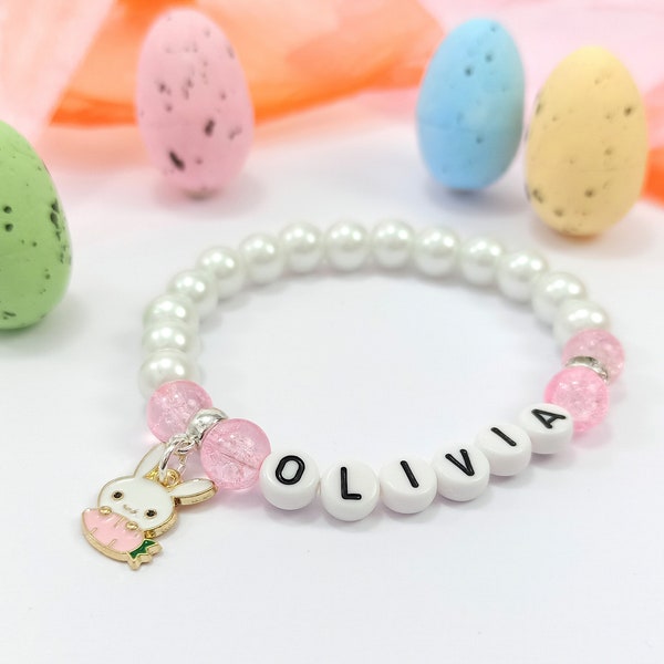 Girls Bunny Rabbit Name Bracelet Beaded Gift Personalised Choice of colours available