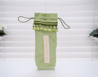 Brolly bag/ wet umbrella holder/ Mint Green taffeta with mint green tassels/ dressy bag / waterproof lining/ draw string bag/wet brolly bag