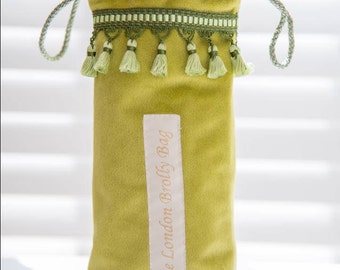 Brolly bag/umbrella bag.  Lime Green Velvet with Two Tone Green Tassel .  Waterproof bag/umbrella pouch