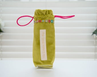 Umbrella bag/Lime green velvet brolly bag with a colourful daisy embroidered trim/ waterproof lining/brolly dry bag
