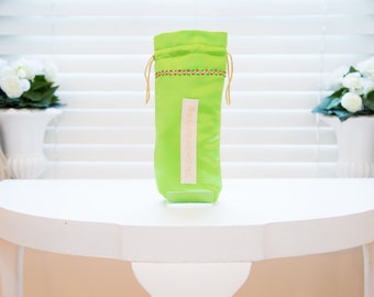 Brolly Bag / wet bag in bright lime green satin with gold and red trim and waterproof lining/wet brolly bag/brolly pouch