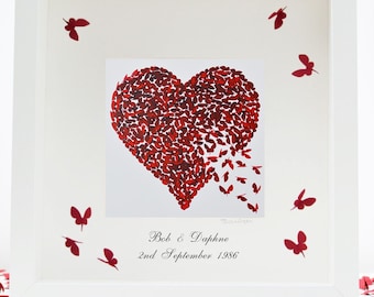 Ruby Wedding Anniversary Butterfly Heart Print with 3D Butterflies on Mount, Framed and Handmade