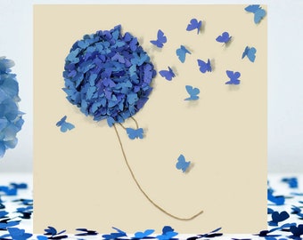 Butterfly Blue Hydrangea Flower Card, NOT 3D,