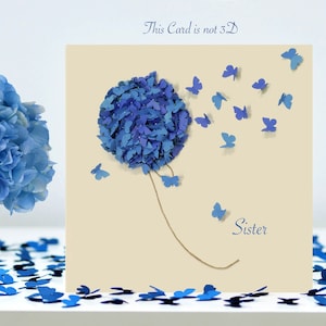 Carte de fleur d'hortensia bleu papillon soeur, PAS 3D