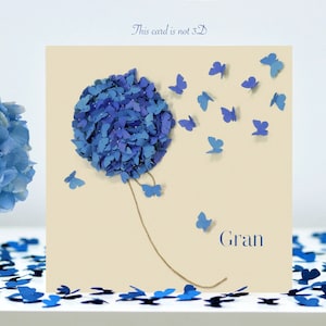 Cartão de flor de hortênsia azul de borboletas de aniversário Gran, não 3D
