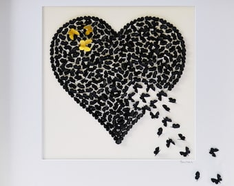 Unique 3D Handmade Butterfly Black Heart Art With Gold Accent Butterflies , Feature Wall Art, Choice of Colours