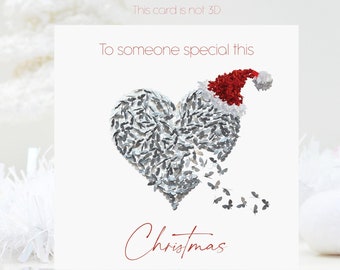 Christmas To Someone Special Christmas Silver Butterfly Heart With Christmas Hat Butterflies Christmas Card, not 3D