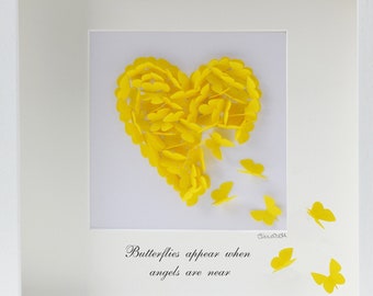 Memorial Framed Handmade Butterfly 3D Yellow Butterfly Heart Picture