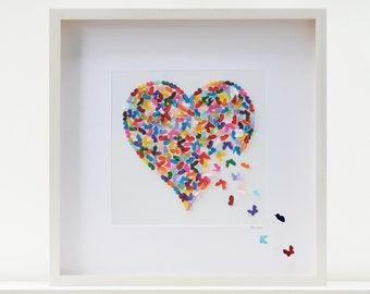 Framed Multicoloured  Butterfly Heart Picture Handmade To Order and Totally Unique, colour choice