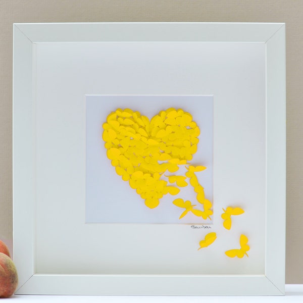Handmade Unique Butterfly 3D Framed Yellow Butterfly Heart - no two ever identical