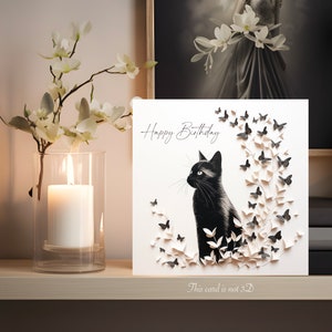 Carte d'anniversaire papillons chat noir, pas en 3D