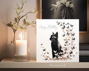 Black Cat Birthday Butterflies Card