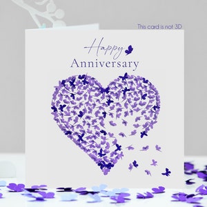 Tarjeta de aniversario con mariposas en forma de corazón, color morado y lila (no 3D)