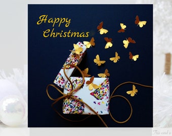 Christmas Butterfly Gold Butterflies Fluttering out from a Christmas Present Card (Digitally printed, not 3D)