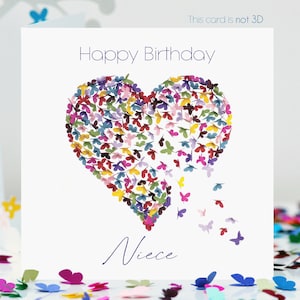 Tarjeta de cumpleaños con forma de corazón y caleidoscopio de mariposas para sobrina (no 3D)