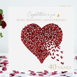Carte de félicitations d'anniversaire de mariage, coeur, papillons, rubis, 40 ans, pas 3D