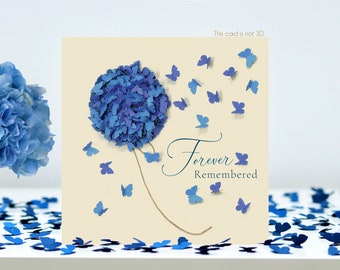 Forever Remembered Butterfly and Blue Hydrangea Butterflies Memorial Card (Not 3D)