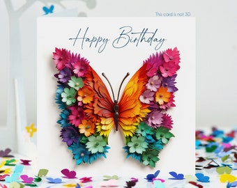 Tarjeta con alas de mariposa y flores para CUMPLEAÑOS, no 3D (también está disponible un imán para el refrigerador a juego)
