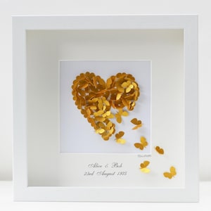 Butterfly Golden Wedding Anniversary 3D Heart, Framed and Handmade to Order, Totally Unique