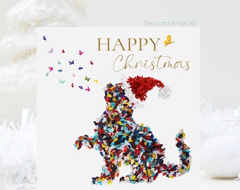 FIVE Christmas Cat with Santa's Hat Butterflies Card