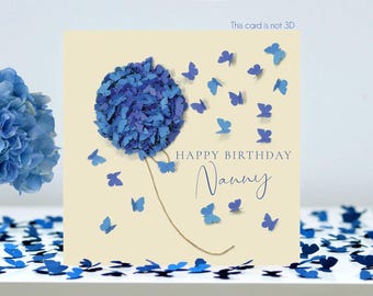Nanny Butterfly Birthday Blue Hydrangea Card, Not 3D