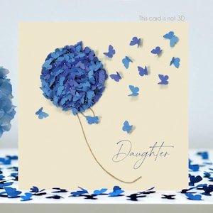 Biglietto di auguri per il compleanno della figlia con farfalle, ortensia blu e farfalle (non 3D)