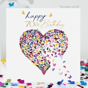 Carte kaléidoscope de papillons coeur de 70e anniversaire, pas 3D