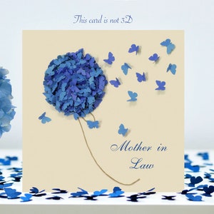 Carte d'anniversaire de belle-mère papillon et papillons d'hortensia bleus, pas 3D