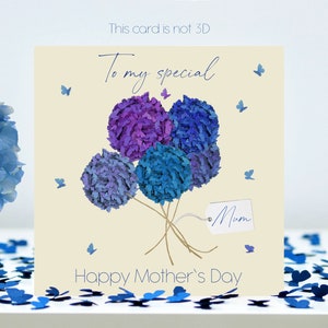 Moederdag vlinder speciale moeder blauwe hortensia boeket vlinders kaart (niet 3D)