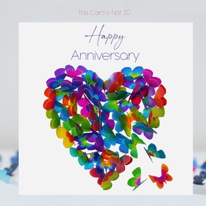 Biglietto di auguri per anniversario con farfalle multicolori e cuore (non 3D)