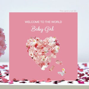 Carte de félicitations de petite fille papillon, bienvenue au monde, coeur rose et fleurs, pas 3D