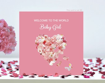 Baby Girl Butterfly Welcome to The World Pink Blossom Heart Congratulations Card, not 3D