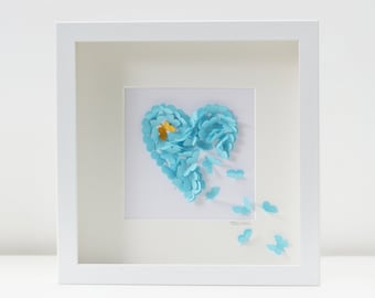 Unique Baby Blue 3D Butterfly Heart Handmade Framed Picture, choice of colours