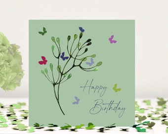 Birthday Butterfly Flower Buds  Butterflies Card on Mint Green Background