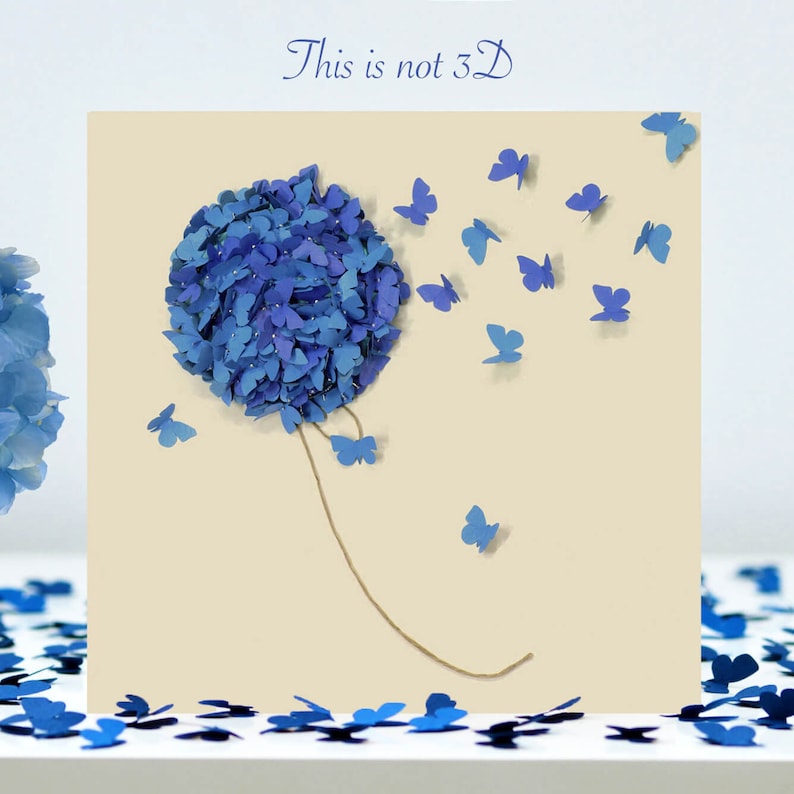 Butterfly Blue Hydrangea Flower Card, NOT 3D, No thank you