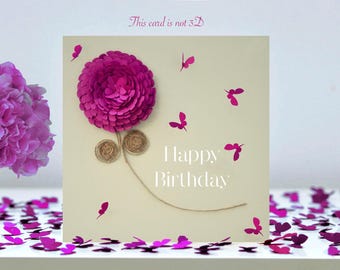 Butterfly Pink Chrysanthemum Birthday Card (NOT 3D)