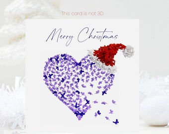 Cinq cartes de voeux joyeux papillons de Noël avec coeur violet et bonnet de père Noël