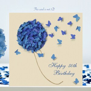 Carte de 50e anniversaire papillon et hortensia bleu (pas 3D)