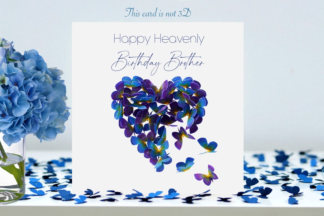 Heavenly Birthday Brother Butterfly Heart Card in Forget Me Not