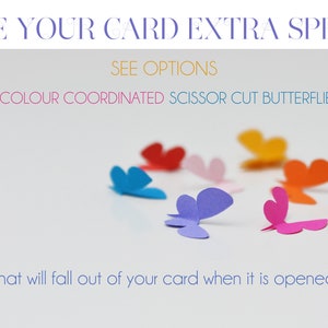 May include: Image features colorful paper butterflies in shades of blue, red, pink, purple, orange, and yellow. Text at the top reads "MAKE YOUR CARD EXTRA SPECIAL." The text below the butterflies says "that will fall out of your card when it is opened."