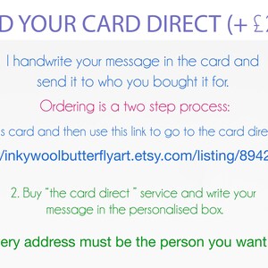 May include: Text on a white background reads "SEND YOUR CARD DIRECT". Instructions are provided for ordering a card, including a link to an Etsy listing. The text is in various colors, including purple, blue, and green.
