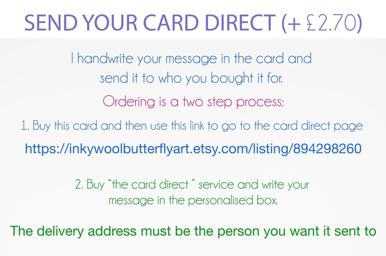 May include: Text on a white background reads "SEND YOUR CARD DIRECT". Instructions are provided for ordering a card, including a link to an Etsy listing. The text is in various colors, including purple, blue, and green.